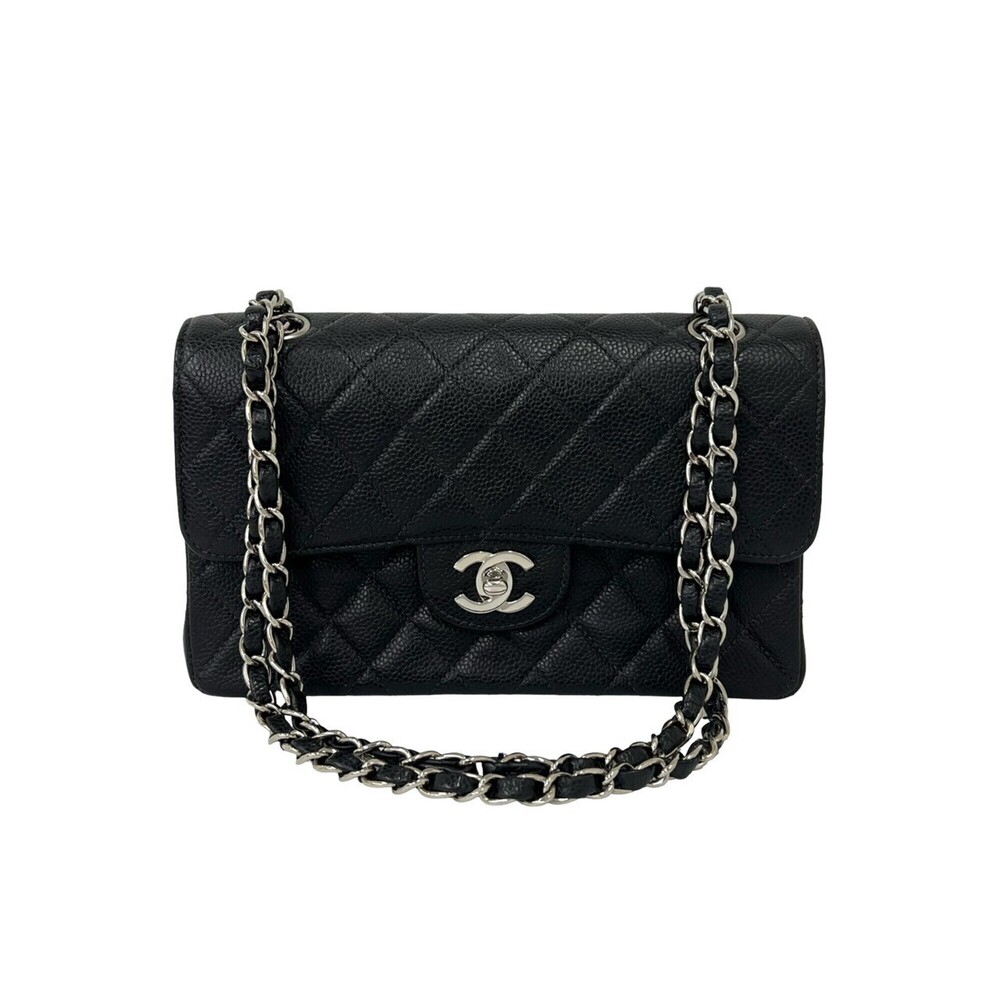 CHANEL Matelassé Coco Mark Double Flap Caviar Skin 2-Way Shoulder Bag Black 2...